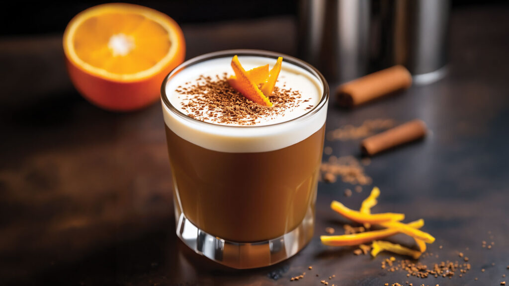 A chilled coffee mocktail topped with whipped crème fraîche foam, cracked cinnamon, and curled orange zest, served in a clear rocks glass. The recipe combines premium coffee, nonalcoholic rum flavor, vanilla, cinnamon, and orange.
