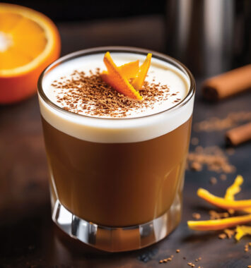 A chilled coffee mocktail topped with whipped crème fraîche foam, cracked cinnamon, and curled orange zest, served in a clear rocks glass. The recipe combines premium coffee, nonalcoholic rum flavor, vanilla, cinnamon, and orange.