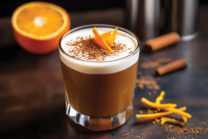 A chilled coffee mocktail topped with whipped crème fraîche foam, cracked cinnamon, and curled orange zest, served in a clear rocks glass. The recipe combines premium coffee, nonalcoholic rum flavor, vanilla, cinnamon, and orange.