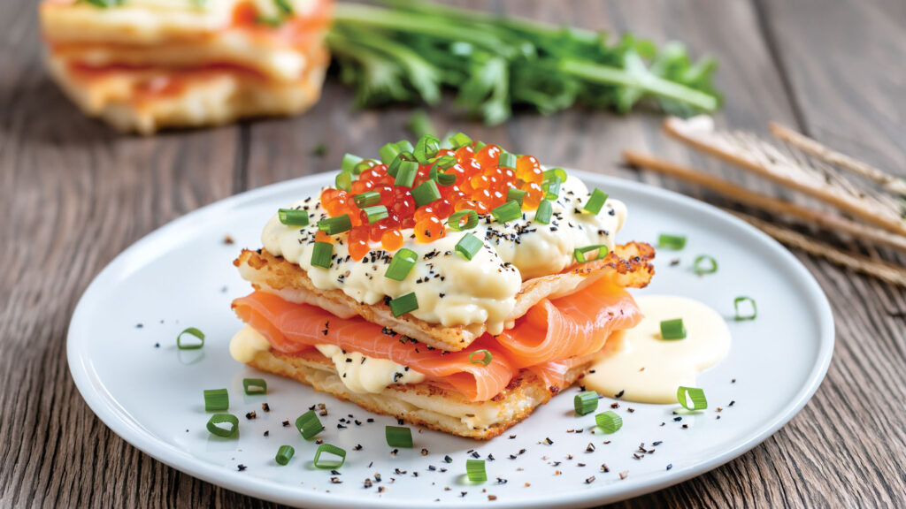 Crispy wonton layers stacked with scrambled eggs and sliced smoked salmon, topped with warm queso blanco, salmon roe, chopped chives, and everything bagel seasoning.