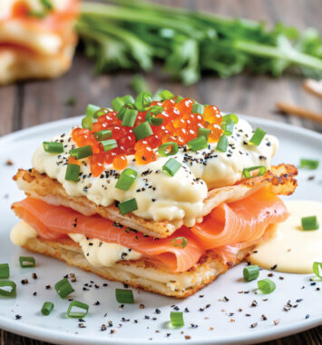 Crispy wonton layers stacked with scrambled eggs and sliced smoked salmon, topped with warm queso blanco, salmon roe, chopped chives, and everything bagel seasoning.