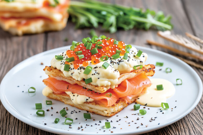 Crispy wonton layers stacked with scrambled eggs and sliced smoked salmon, topped with warm queso blanco, salmon roe, chopped chives, and everything bagel seasoning.