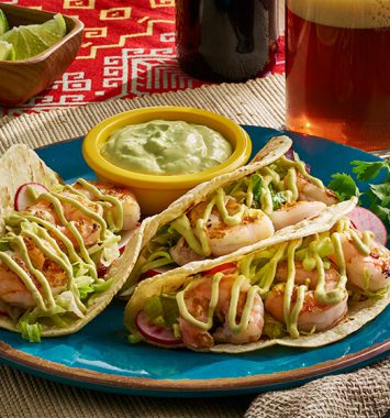 grilled shrimp tacos with lime-guac crema recipe advanced food products
