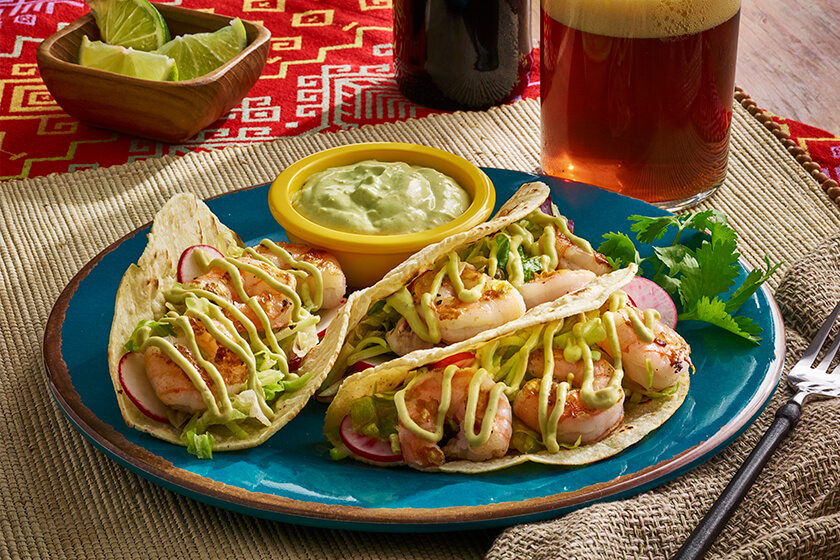 grilled shrimp tacos with lime-guac crema recipe advanced food products